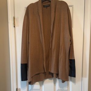 Jones New York Tan Cardigan with Black leather Accents